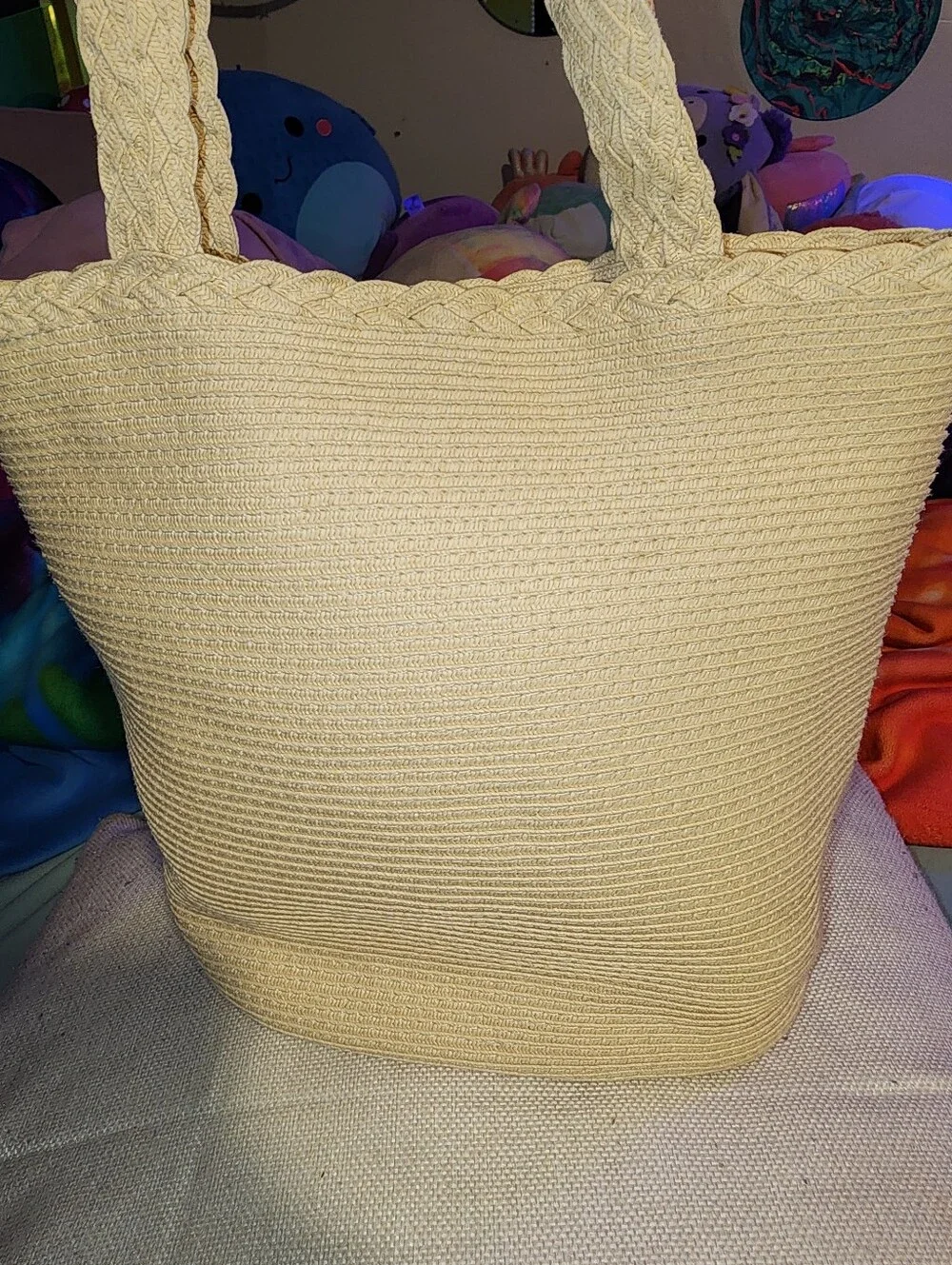 Capelli Beige Braided Weaved Rafia Tote Handbag with Rhinestone Accents